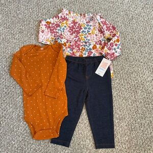 JCarters Baby Girls 3pc Floral Polka Dot Denim Set Size 12 Months NWT